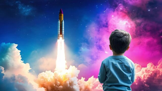 A young child observes a stunning rocket launch against a backdrop of colorful clouds and a beautiful night sky