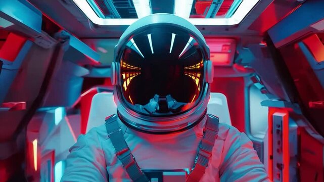 An astronaut sits in a high tech cockpit, surrounded by vibrant neon lights, preparing for an outer space mission