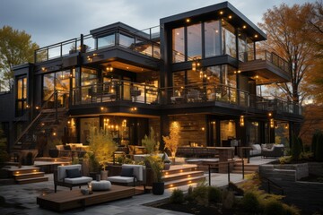 Modern multi-level house with outdoor seating and warm lighting in an autumn setting.