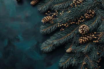 Background with dark blue spruce branches and golden cones, minimalist style, space for text, top view, dark background