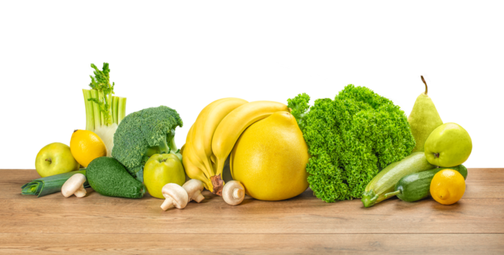 set of vegetables and fruits on a wooden table isolated on white background. food delivery concept