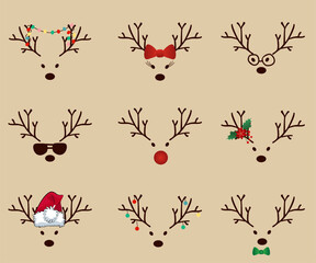 A set of Christmas reindeer in a minimalistic style. A festive set of animals. Vector illustration