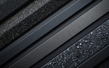 A collection of textured black materials arranged in parallel lines for design inspiration.