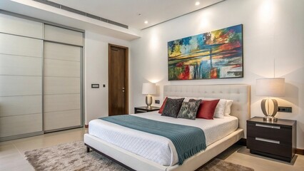 Painting on the wall in a modern bedroom with sleek lines, trendy, sophisticated, bold color scheme, contemporary decor, modern interior design