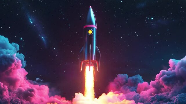 A striking rocket ascends into the night sky, surrounded by colorful clouds and twinkling stars, marking the beginning of its journey