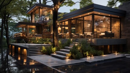 Obraz premium Modern glass house surrounded by greenery, featuring outdoor spaces and warm lighting.