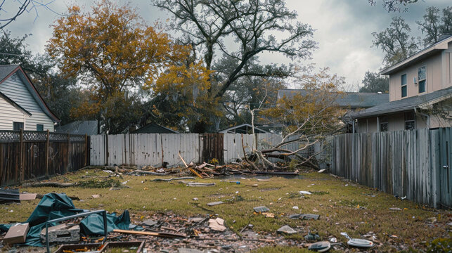 A suburban backyard devastated by a natural disaster, showing a fallen tree and scattered debris around damaged homes and fences.