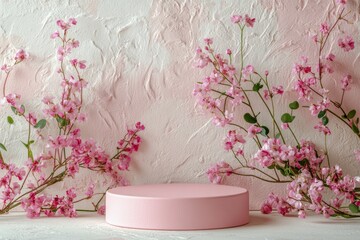 A serene display with pink blossoms against a blue wall and minimalist circular pedestal