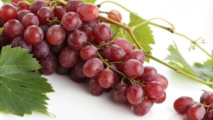 Fototapeta premium Ripe red grapes with a few green leaves and stems, agriculture, fruit, macro