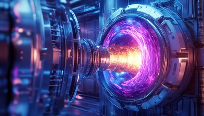Simulation a nuclear fusion reactor with magnetic fields, plasma, and futuristic design