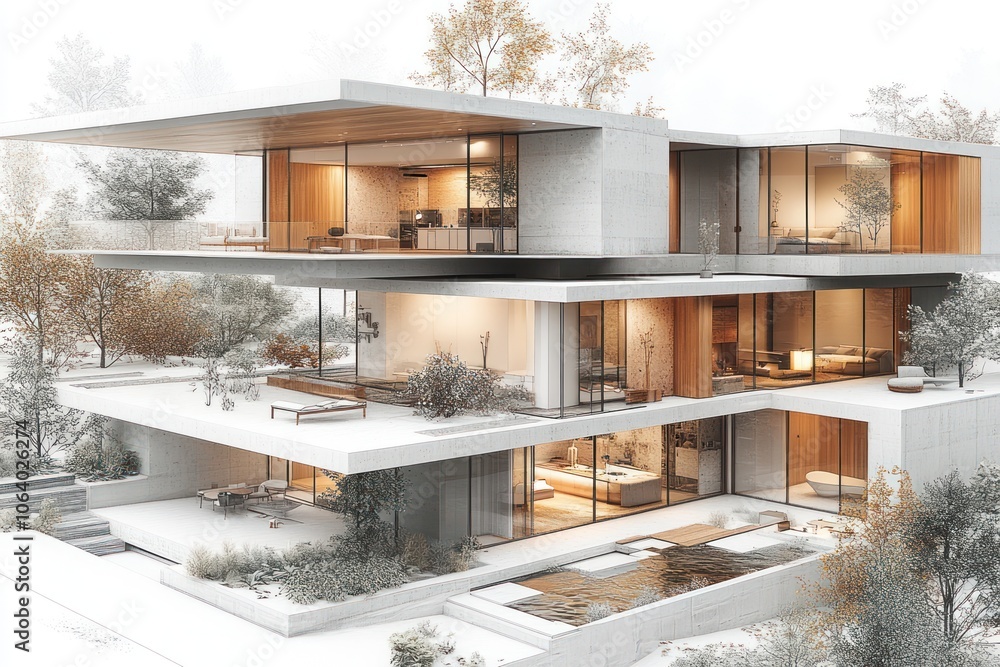 Poster a modern architectural design featuring multiple levels and large glass windows.
