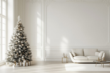 Modern white interior with a Christmas tree and sofa, minimalistic design