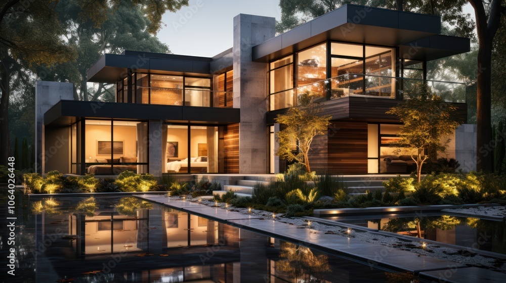 Poster modern house with large windows and reflective pool surrounded by trees.