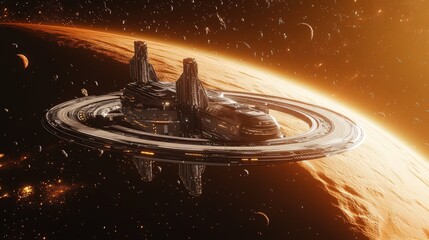 Simulation a space station orbiting a gas giant with rings, moons, and advanced technology