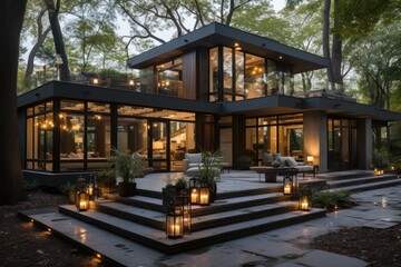 A modern glass house surrounded by greenery, illuminated by outdoor lanterns at dusk.