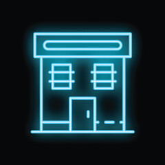 Neon sign illustration featuring a building with a canopy, glowing in vibrant blue light against a dark background