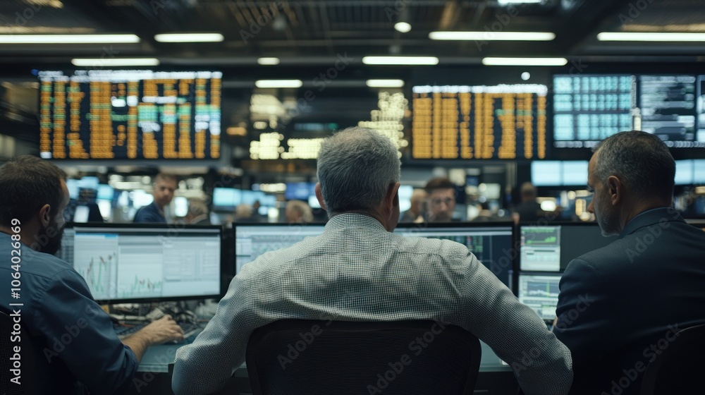 Aufkleber three businessmen working at computers in a trading room with large screens displaying financial dat