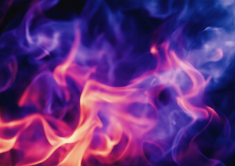 Fototapeta premium A glowing red and purple flame, background image, abstract composition, dark blue tone, high saturation, macro lens, strong contrast between light and shadow, fluid motion of flames.