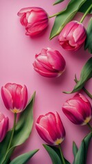 Fototapeta premium Beautiful pink tulips arranged artistically on a soft pink background for a vibrant display