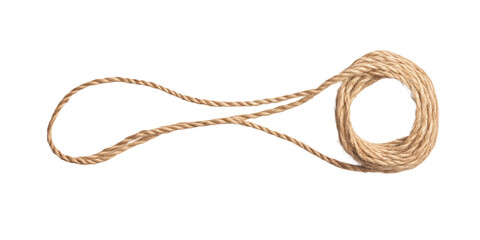 Single brown rope with coiled form, resting on gray surface. Diagonal position, ends pointing up, center down. Neutral backdrop highlights rope texture. Transparent isolated background alpha mask png.