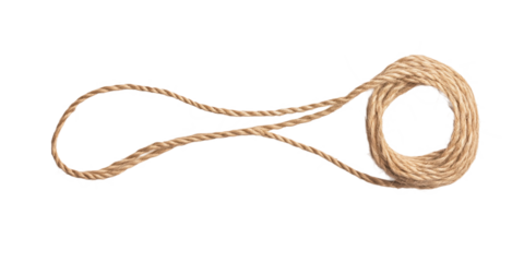 Single brown rope with coiled form, resting on gray surface. Diagonal position, ends pointing up, center down. Neutral backdrop highlights rope texture. Transparent isolated background alpha mask png.