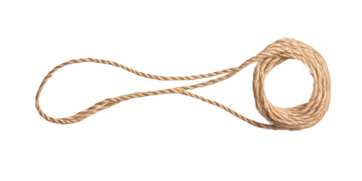 Single brown rope with coiled form, resting on gray surface. Diagonal position, ends pointing up, center down. Neutral backdrop highlights rope texture. Transparent isolated background alpha mask png.