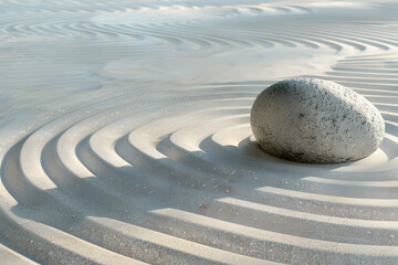 Amidst softly raked sand, a lone stone sits serenely, capturing the essence of calmness and simplicity in a traditional Zen garden at dusk. Generative AI