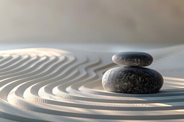 Two smooth stones rest peacefully atop one another, surrounded by graceful, undulating lines in soft sand, illuminated by the warm light of early morning. Generative AI