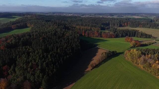 Aerial fly over Bavarian Autumn nature landscape close to Pfaffenhofen city