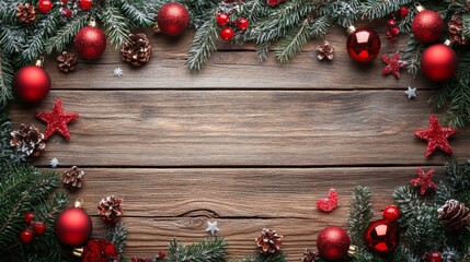 Decorative arrangement of festive elements on wooden surface during winter holiday season