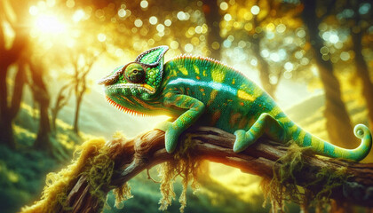 Colorful Chameleon in Sunlit Forest