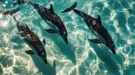 Obraz premium Three dolphins swimming in clear turquoise water, viewed from above.