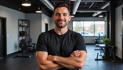 Confident man smiling with crossed arms in a modern gym, fitness enthusiast portrait, motivation concept, copy space