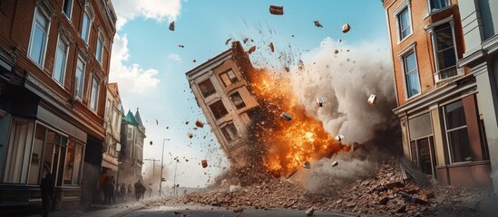 Simulation an earthquake with shaking buildings, ground fissures, and dramatic effects