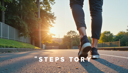 Person walking on a sunlit street with "STEPS STORY" text overlay, fitness journey concept, copy space