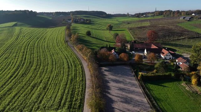 Aerial fly over Bavarian Autumn nature landscape close to Pfaffenhofen city