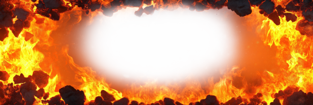 Fiery explosion with orange red flames scattered across gray textured background. Intense chaos, heat. Sizzling sparks, burning fire, inferno, danger, heat, warmth, intensity, yellow, orange, red,