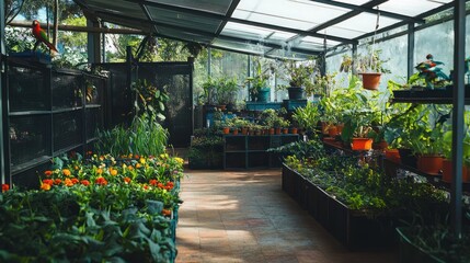 A greenhouse with plants, flowers, and birds.