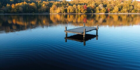 The gentle ripples of a lake disturb the reflection of a wooden pier amidst a tapestry of autumnal trees, lake, serene atmosphere