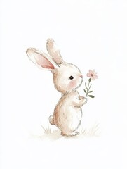 Obraz premium Adorable Rabbit Holding a Flower in Minimal Watercolor Style, Perfect for Spring or Easter Themed Designs Generative AI