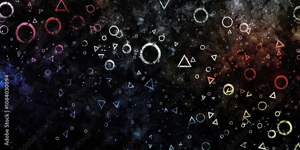Poster geometric pattern play: a colorful arrangement of triangles, squares, and circles in various sizes a