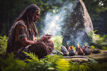 Ancient druid performing a sacred earth ritual in a stone circle, surrounded by vibrant greenery and forest creatures.