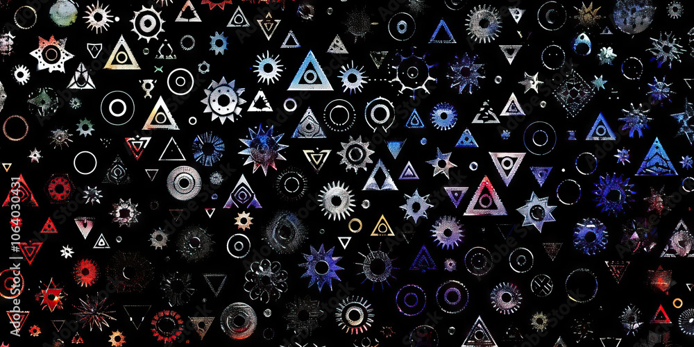 Poster geometric pattern play: a colorful arrangement of triangles, squares, and circles in various sizes a
