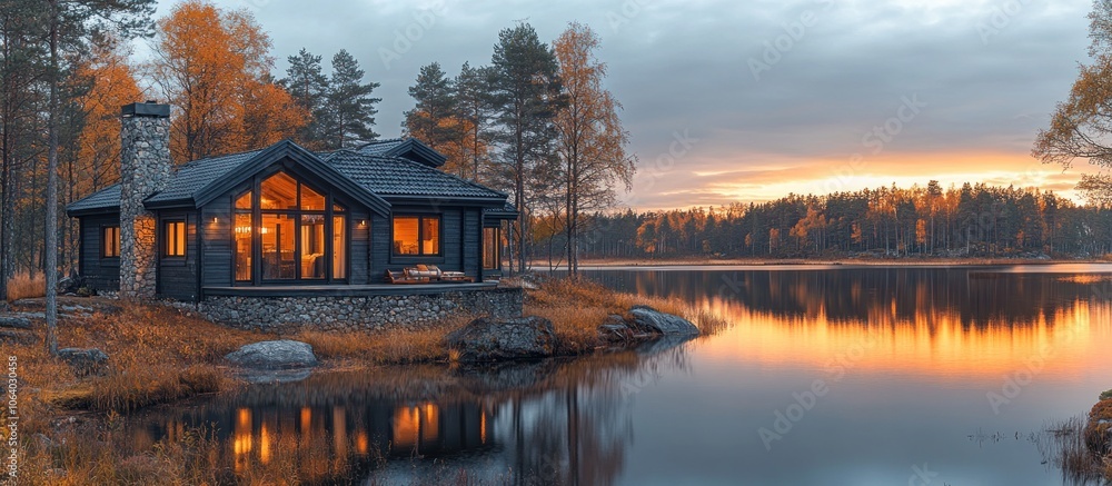 Wall mural A serene lakeside cabin at sunset surrounded by autumn foliage.