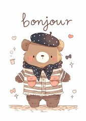 Naklejka premium Cute Brown Bear Wearing Striped T-Shirt and Beret Hat with French Greeting Generative AI