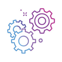 Gradient gears icon in blue and purple, Stylized icon of three interlocking gears with a blue to purple gradient, symbolizing teamwork, settings, mechanics, and workflow in a modern design.
