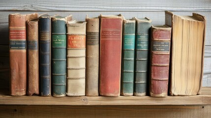 A row of antique books with worn leather covers sits on a wooden shelf.