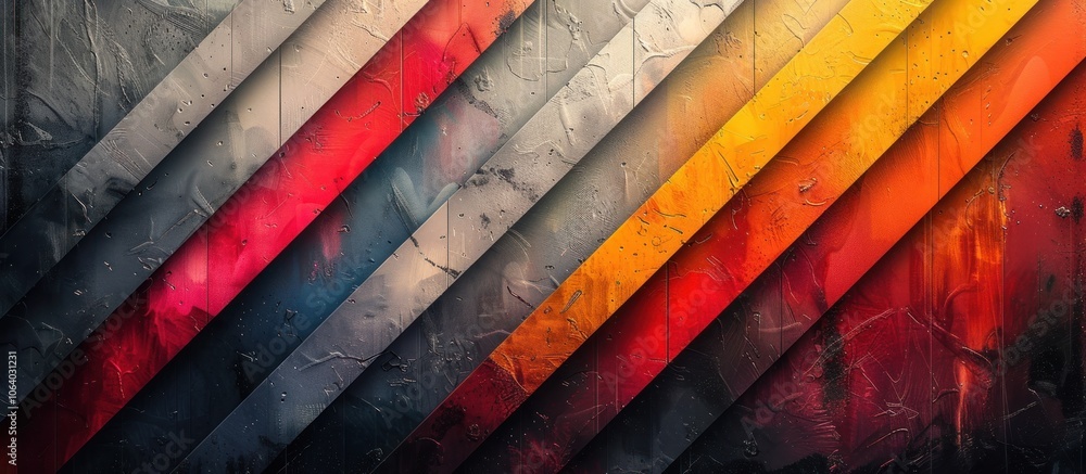 Poster abstract geometric design with vibrant diagonal stripes in various colors and textures.