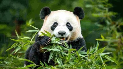 Fototapeta premium A playful giant panda bear enjoys munching on fresh bamboo shoots in a lush green forest.