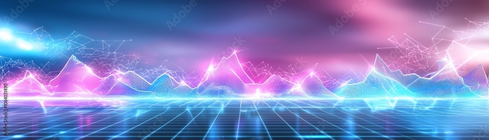 Poster explore the dynamic world of synthwave graphics showcasing a digital platform where creativity meets